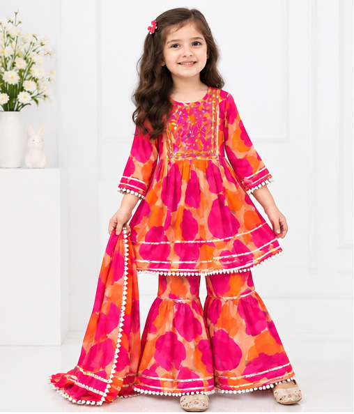 Girls Pink Orange Sharara Set | Floral Printed Kurta with Matching Sharara Pants and Dupatta | 3-Piece Traditional Ethnic Wear for Kids