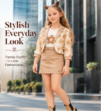 Girls Beige Floral 3D Embellished Jacket with White Printed T-Shirt and Mini Skirt – Stylish 3-Piece Designer Party Wear Set