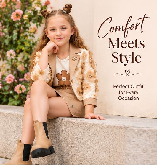 Girls Beige Floral 3D Embellished Jacket with White Printed T-Shirt and Mini Skirt – Stylish 3-Piece Designer Party Wear Set