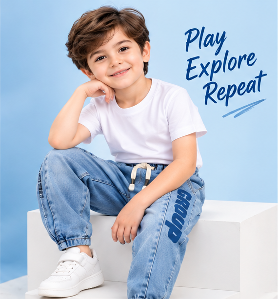Boys Light Blue Printed Jogger Jeans with Elasticated Waist, Drawstring and White Round Neck T-Shirt – Stylish Casual Wear Set