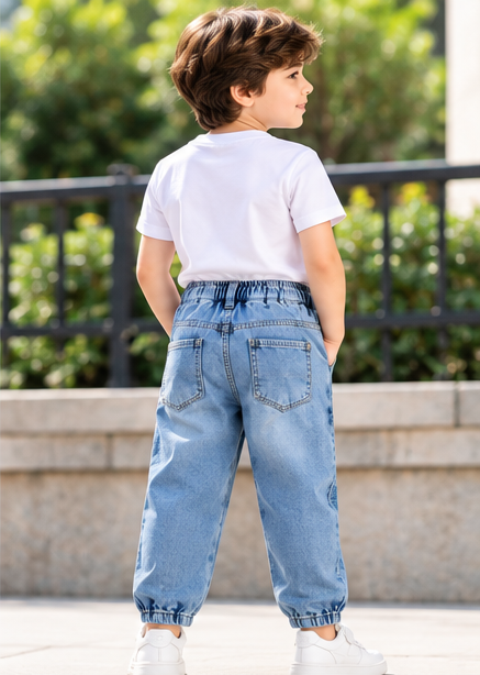Boys Light Blue Printed Jogger Jeans with Elasticated Waist, Drawstring and White Round Neck T-Shirt – Stylish Casual Wear Set
