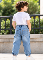Boys Light Blue Printed Jogger Jeans with Elasticated Waist, Drawstring and White Round Neck T-Shirt – Stylish Casual Wear Set