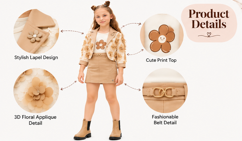 Girls Beige Floral 3D Embellished Jacket with White Printed T-Shirt and Mini Skirt – Stylish 3-Piece Designer Party Wear Set