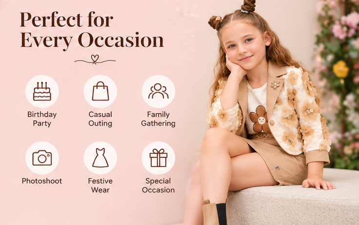 Girls Beige Floral 3D Embellished Jacket with White Printed T-Shirt and Mini Skirt – Stylish 3-Piece Designer Party Wear Set