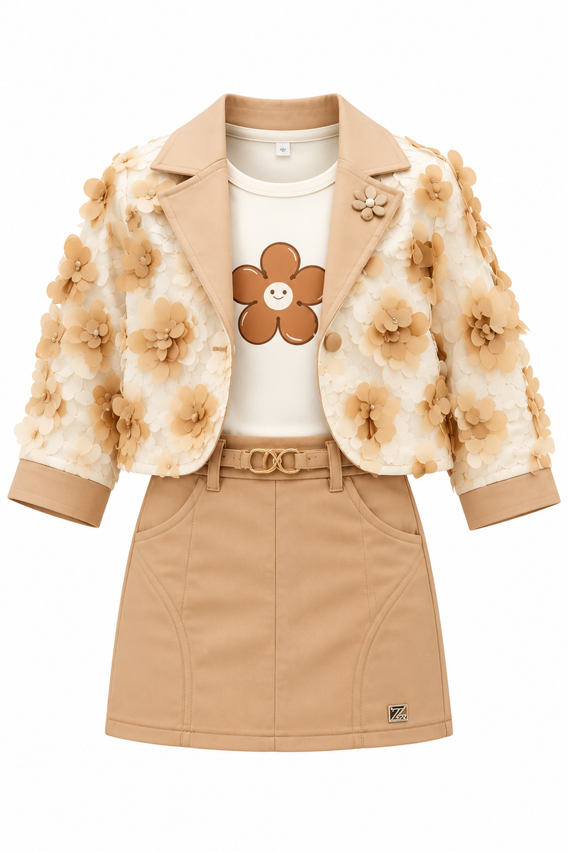 Girls Beige Floral 3D Embellished Jacket with White Printed T-Shirt and Mini Skirt – Stylish 3-Piece Designer Party Wear Set