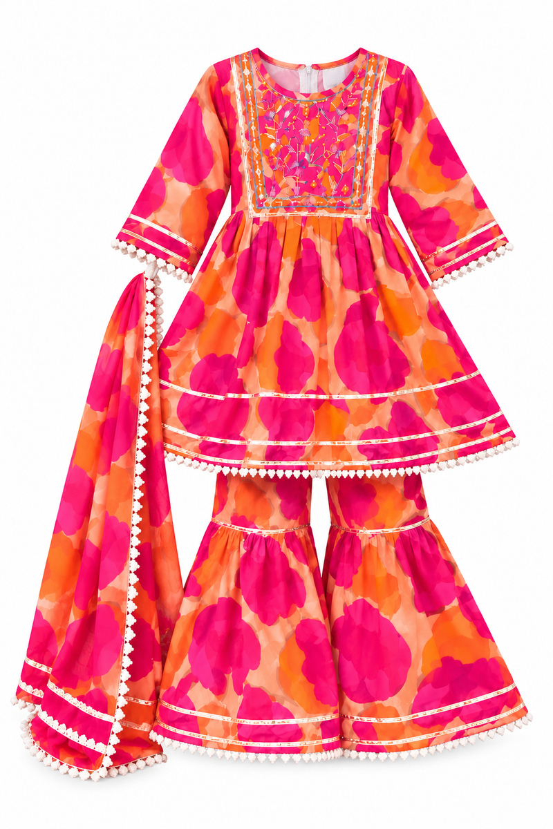 Girls Pink Orange Sharara Set | Floral Printed Kurta with Matching Sharara Pants and Dupatta | 3-Piece Traditional Ethnic Wear for Kids