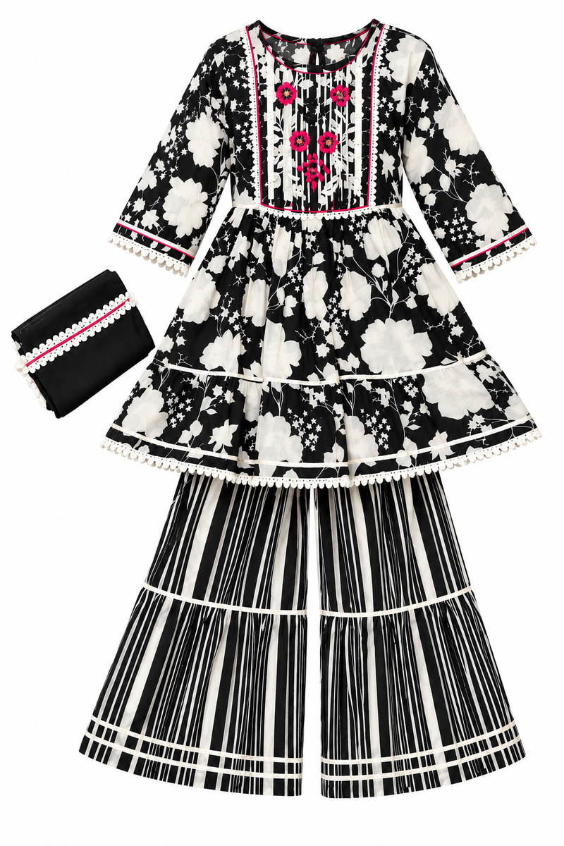 Girls Black and White Sharara Set | Floral Print Kurti with Striped Sharara Pants and Matching Dupatta | 3-Piece Ethnic Wear for Festivals and Parties]
