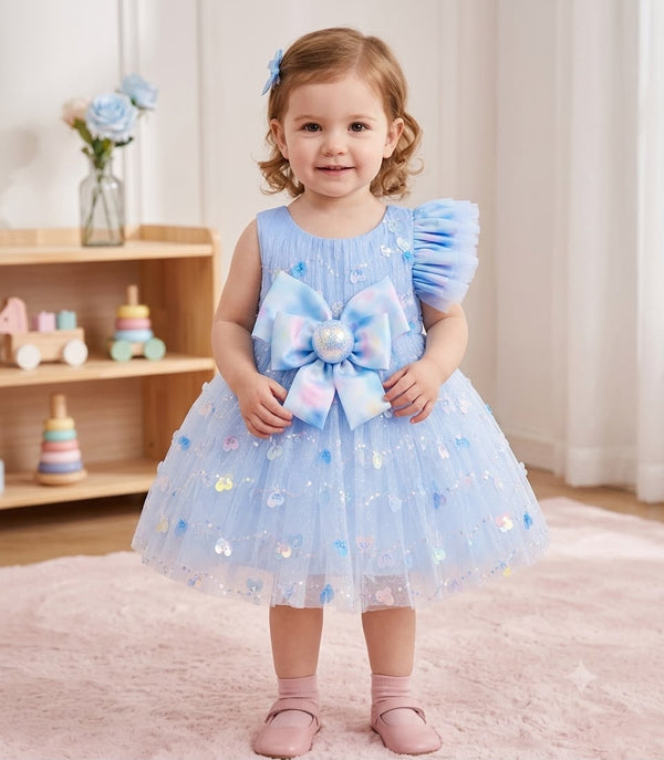 Girls' Premium Sky Blue Tulle Party Wear Frock with Bow and side sleeves
