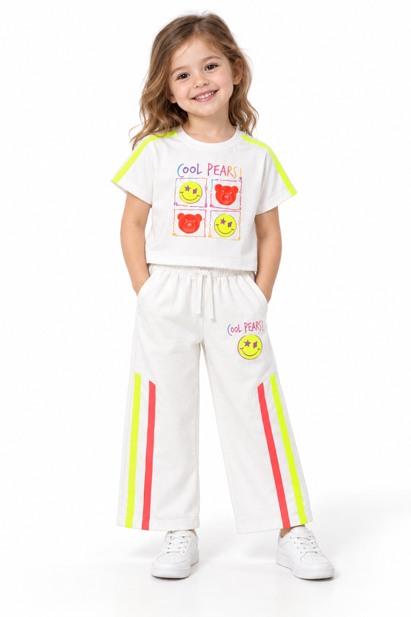 Cute & Cozy White Graphic Co-Ord Set for Girls