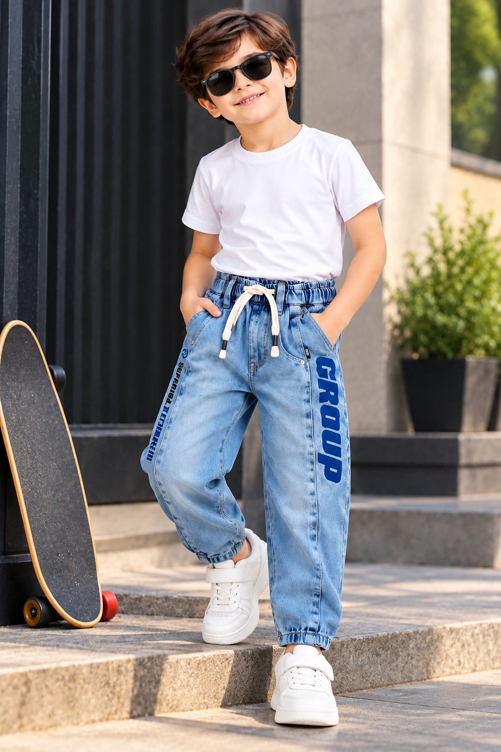 Boys Light Blue Printed Jogger Jeans with Elasticated Waist, Drawstring and White Round Neck T-Shirt – Stylish Casual Wear Set