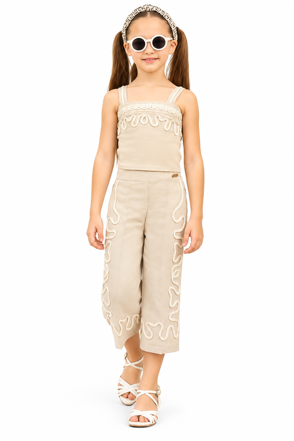 Girls Beige Embroidered Co-Ord Set with Sleeveless Top and Wide Leg Pants – Stylish Designer 2-Piece Party Wear Outfit