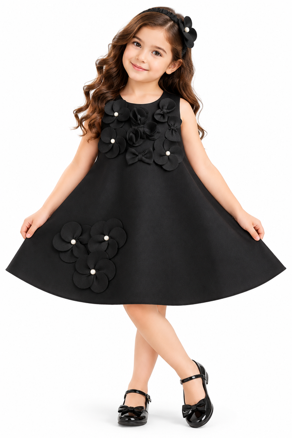 Girls Black Sleeveless Party Wear Frock with 3D Floral Appliqué, Pearl Embellishments and Flared A-Line Design – Designer Birthday Dress