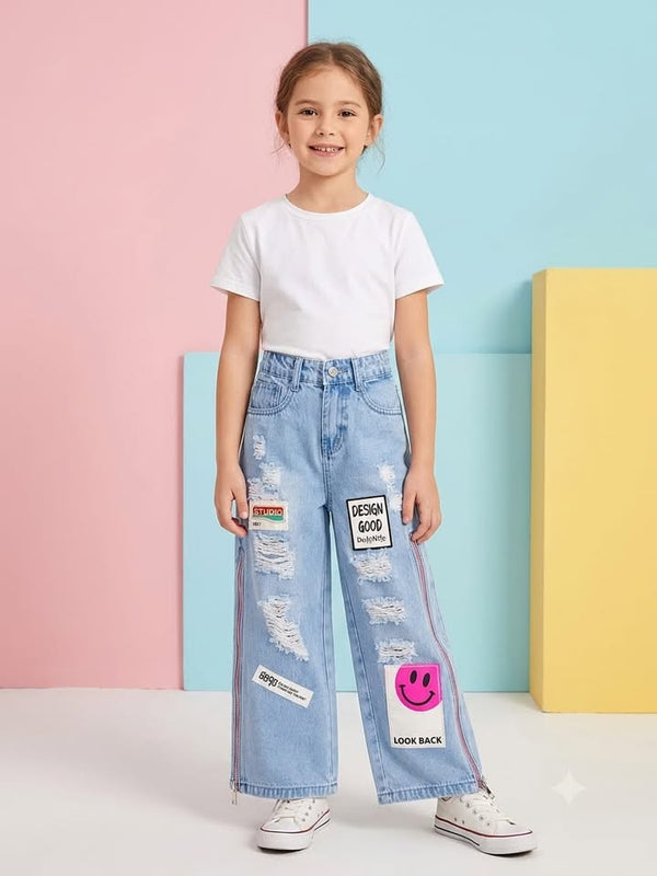 Girls Dark Wash Distressed Wide Leg Jeans with Patchwork & Zip Detail