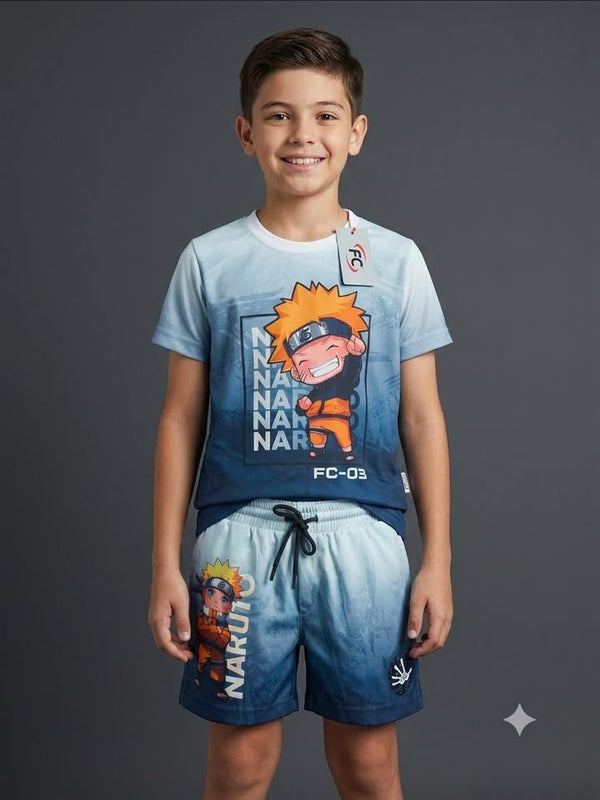 Boys Blue Naruto Anime Printed T-Shirt and Shorts Set