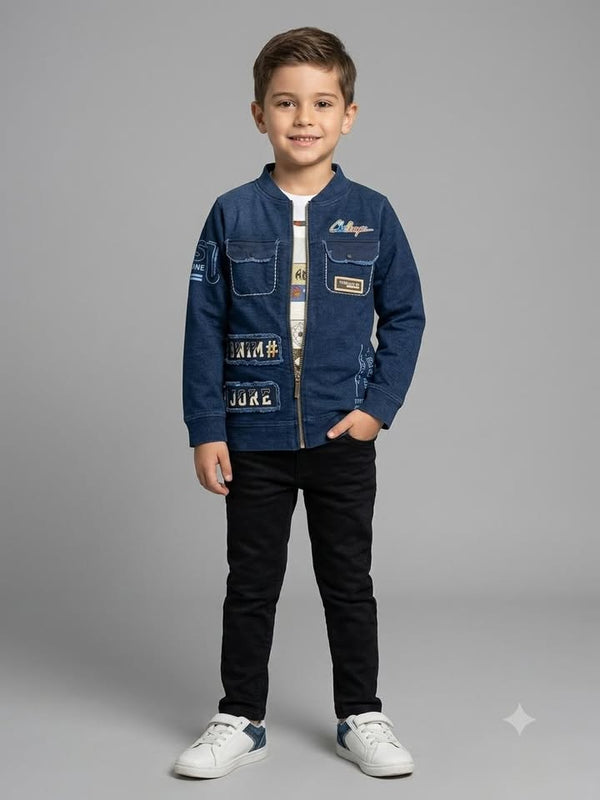 Boys Navy Blue Denim Printed Zip-Up Jacket