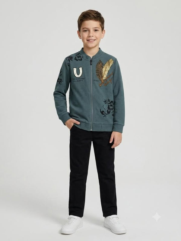 Boys Green Graphic Printed Full-Zip Jacket