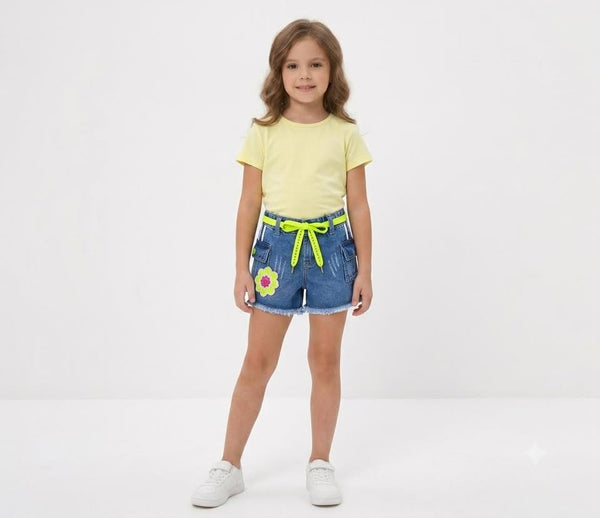 Girls' Graphic Printed Denim Shorts with Drawstring