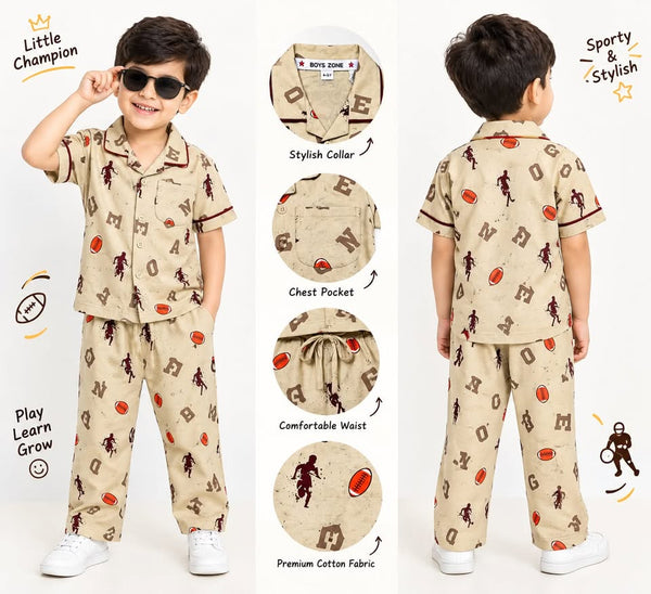 BOYS BEIGE PRINTED NIGHTSUIT