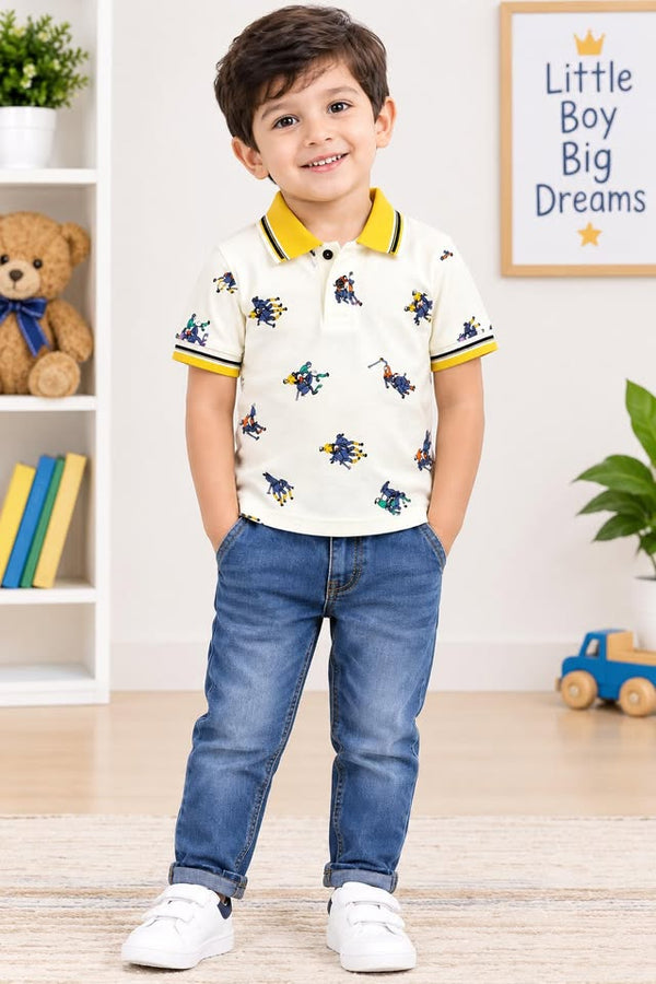 Boys Cream Printed Polo T-Shirt