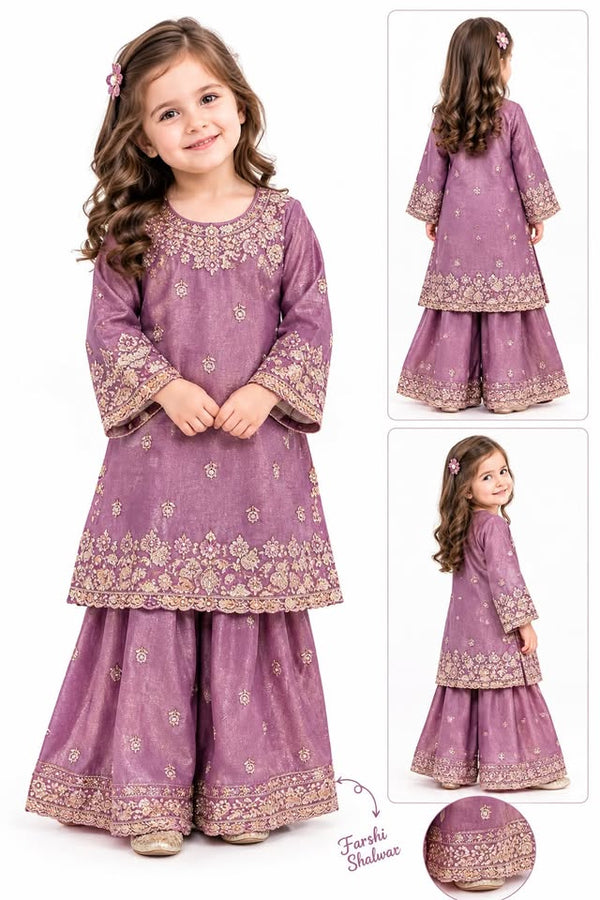 Girls Purple Embroidered Kurta with Farshi Salwar Set