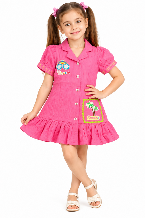 Girls Pink Collared Shirt Dress with Puff Sleeves, Rainbow & Tropical Applique Patches and Ruffle Hem – Stylish Casual Party Wear Dress