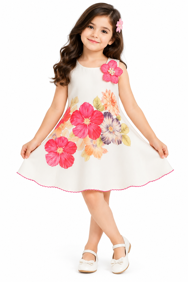 Girls White Floral Printed Sleeveless Party Wear Dress with 3D Pink Flower Embellishment and Flared A-Line Skirt – Stylish Designer Dress