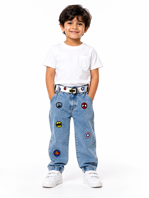 Boys Blue Marvel Patchwork Straight Fit Jeans