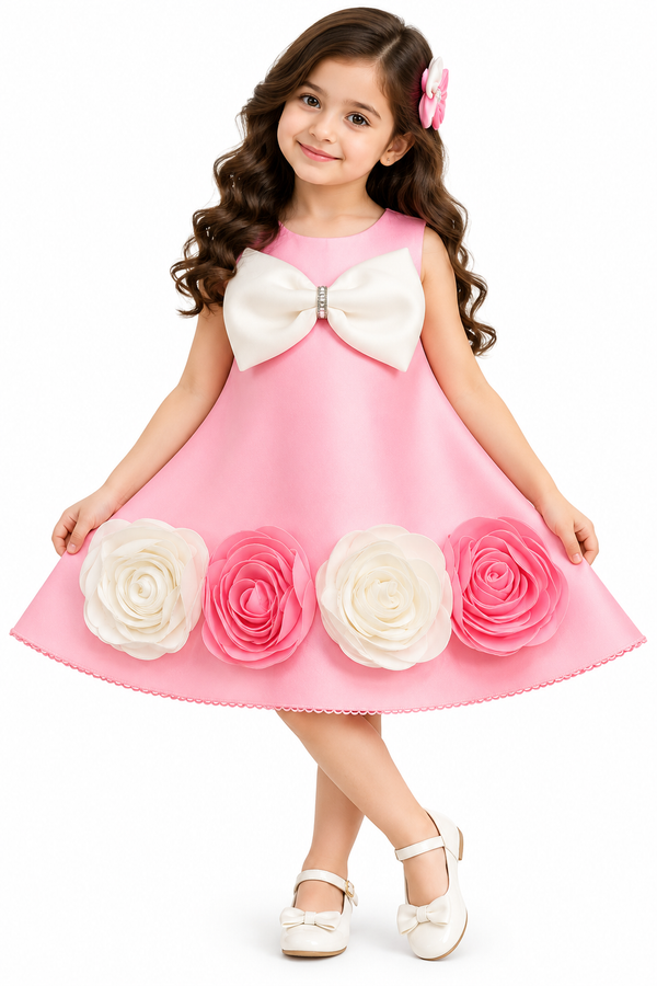 Girls Pink Sleeveless Party Wear Frock with Large White Bow, 3D Pink & White Rose Floral Appliqué and Decorative Hem – Designer Birthday Dress