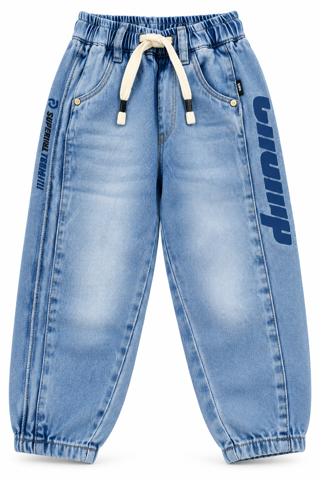 Boys Light Blue Printed Jogger Jeans with Elasticated Waist, Drawstring and White Round Neck T-Shirt – Stylish Casual Wear Set