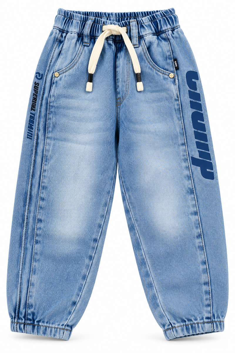 Boys Light Blue Printed Jogger Jeans with Elasticated Waist, Drawstring and White Round Neck T-Shirt – Stylish Casual Wear Set